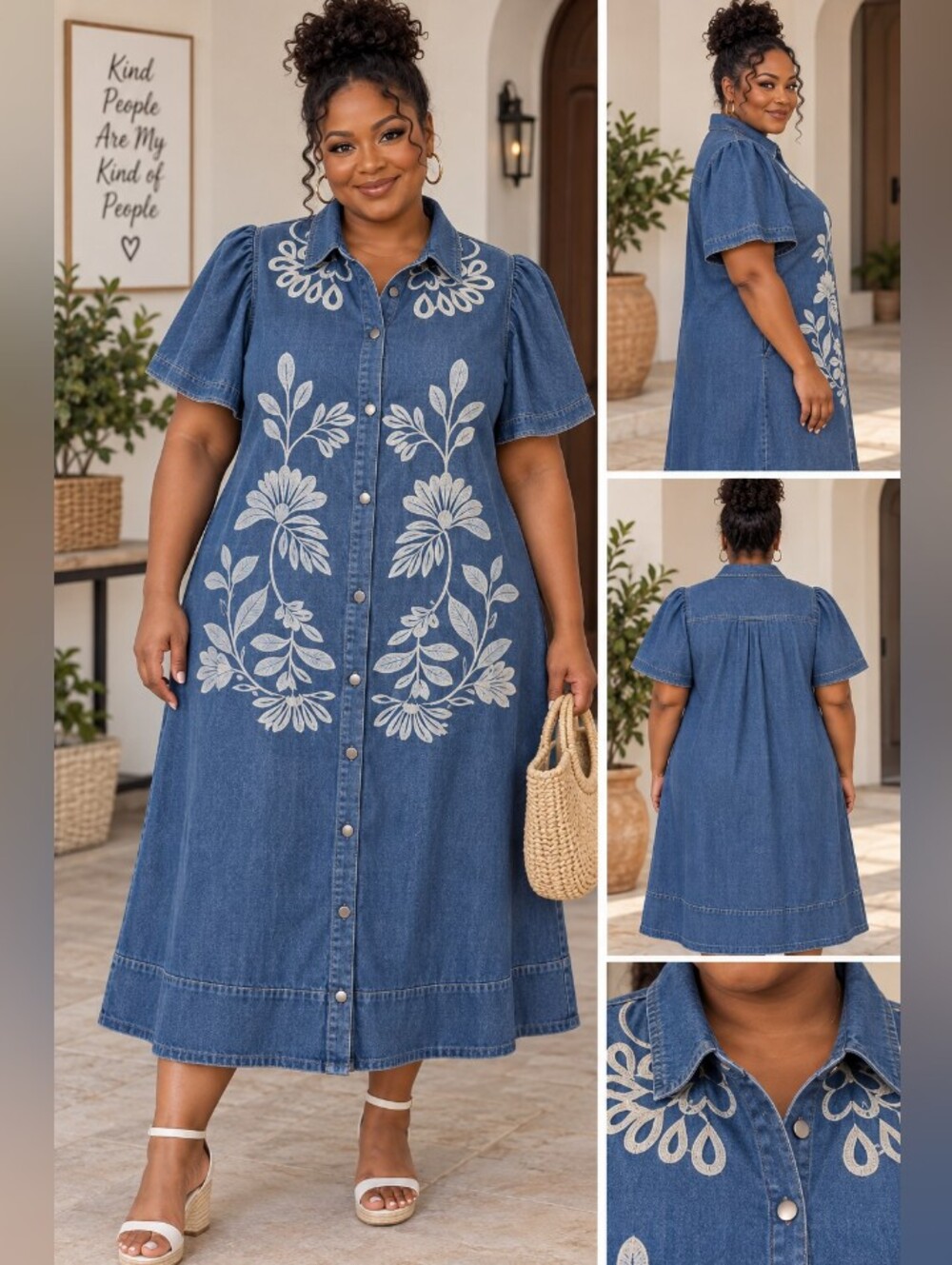 Solitaire Women's Embroidered Denim Shirt Dress Blue Floral Size L